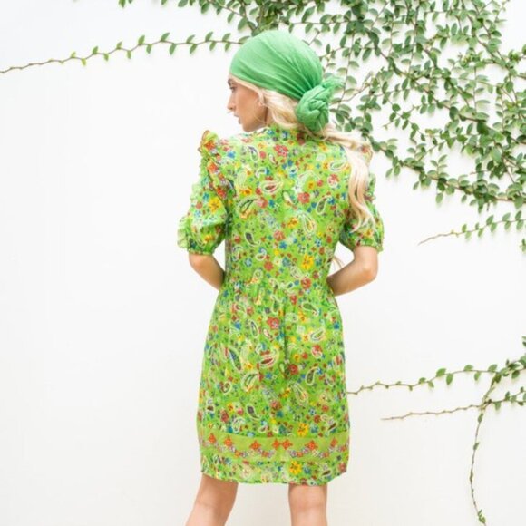 Gipsy Queen Green Boho Floral Print Button Down Short Puff Sleeve Mini Dress - Picture 3 of 6